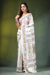 White ethnic handcrafted floral silk kantha work saree adorned intricate colorful 6
