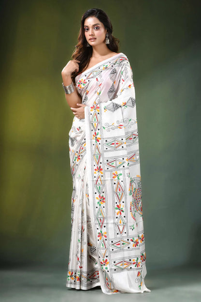 White ethnic handcrafted floral silk kantha work saree adorned intricate colorful 6