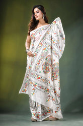 White ethnic handcrafted floral silk kantha work saree woman wears adorned 4
