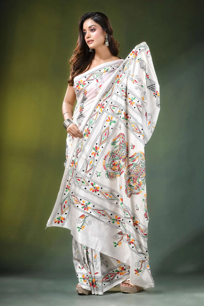 White ethnic handcrafted floral silk kantha work saree woman wears adorned 4