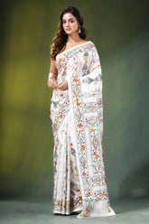 White ethnic handcrafted floral silk kantha work saree adorned intricate colorful 1