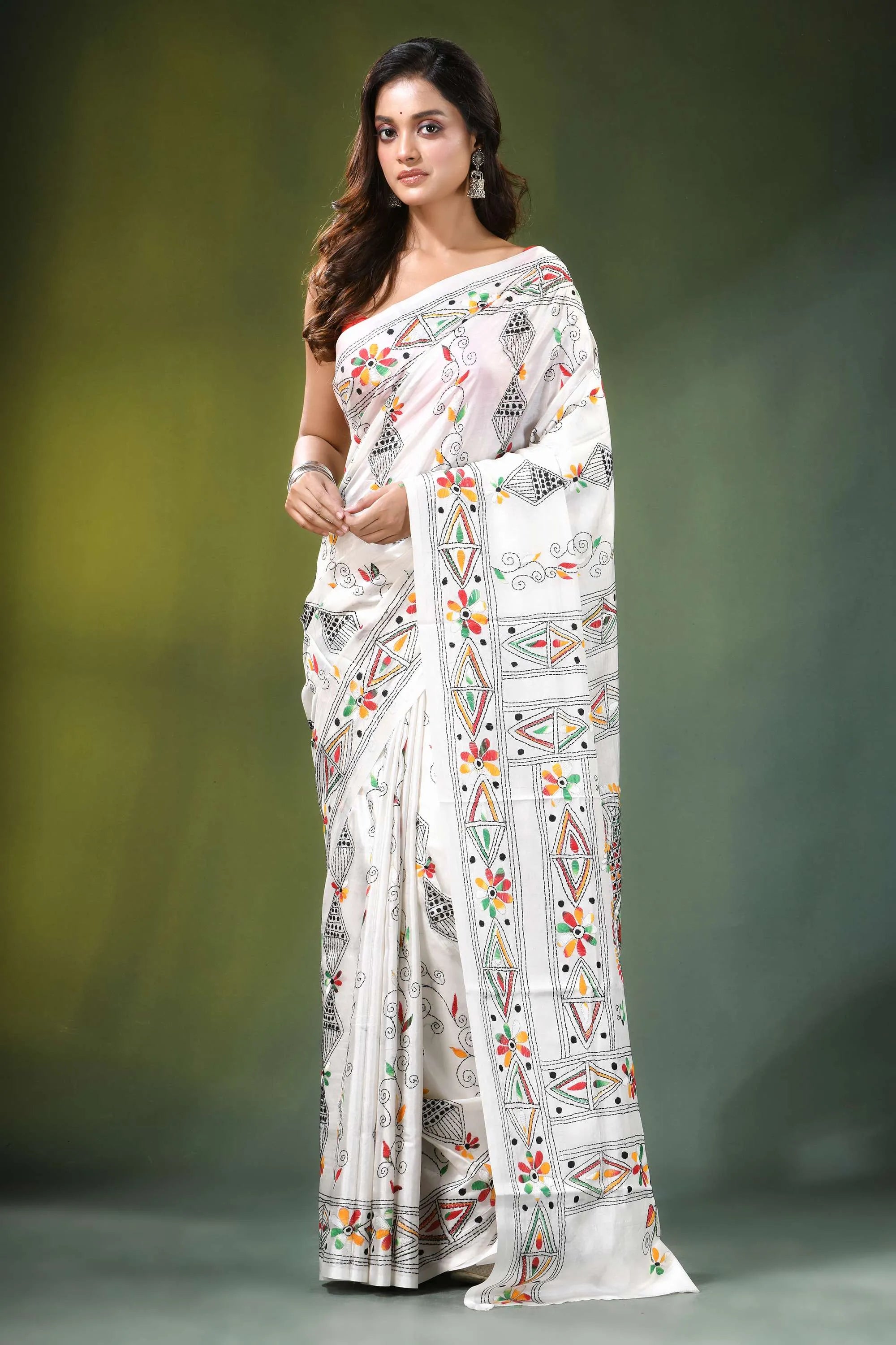 White ethnic handcrafted floral silk kantha work saree adorned intricate colorful 1