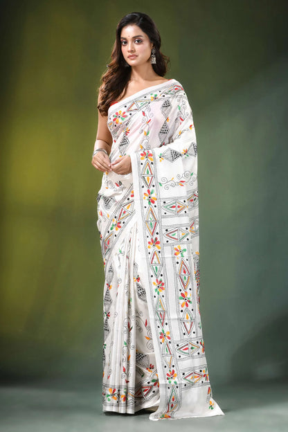 White ethnic handcrafted floral silk kantha work saree adorned intricate colorful 1