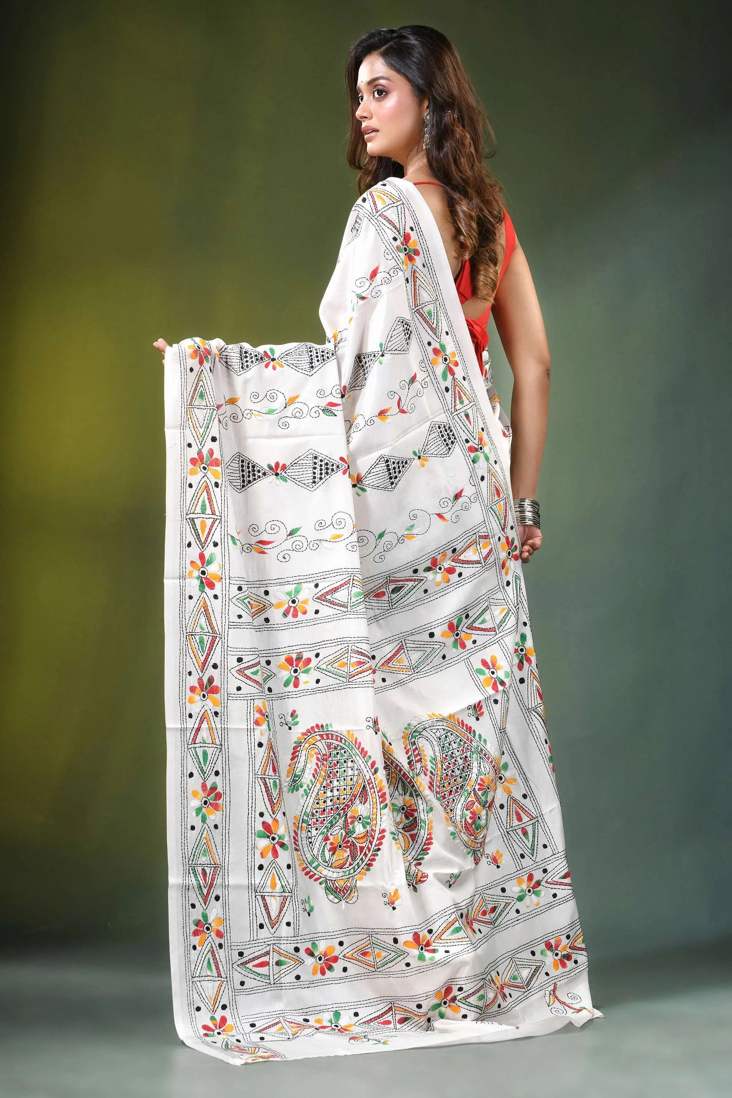 White ethnic handcrafted floral silk kantha work saree adorned intricate colorful 5