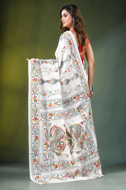 White ethnic handcrafted floral silk kantha work saree adorned intricate colorful 5