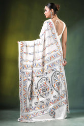 White ethnic paisley design kantha embroidery silk saree banarasi intricate hand-painted 5