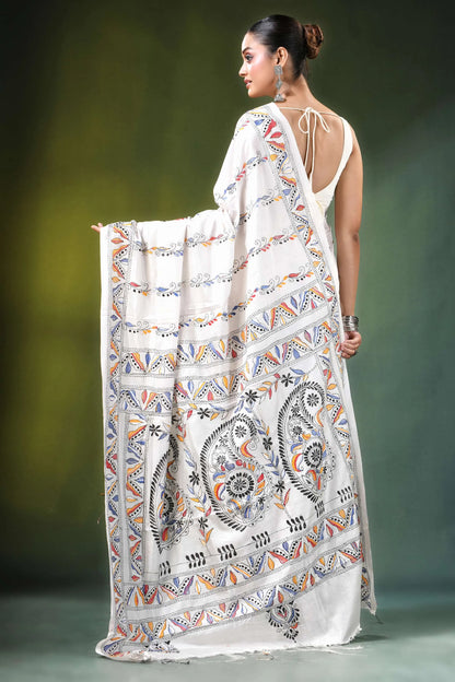 White ethnic paisley design kantha embroidery silk saree banarasi intricate hand-painted 5