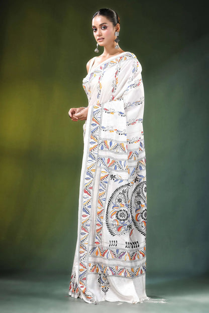 White ethnic paisley design kantha embroidery silk saree intricate colorful hand-painted 3