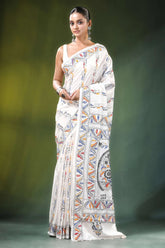 White ethnic paisley design kantha embroidery silk saree adorned intricate 1