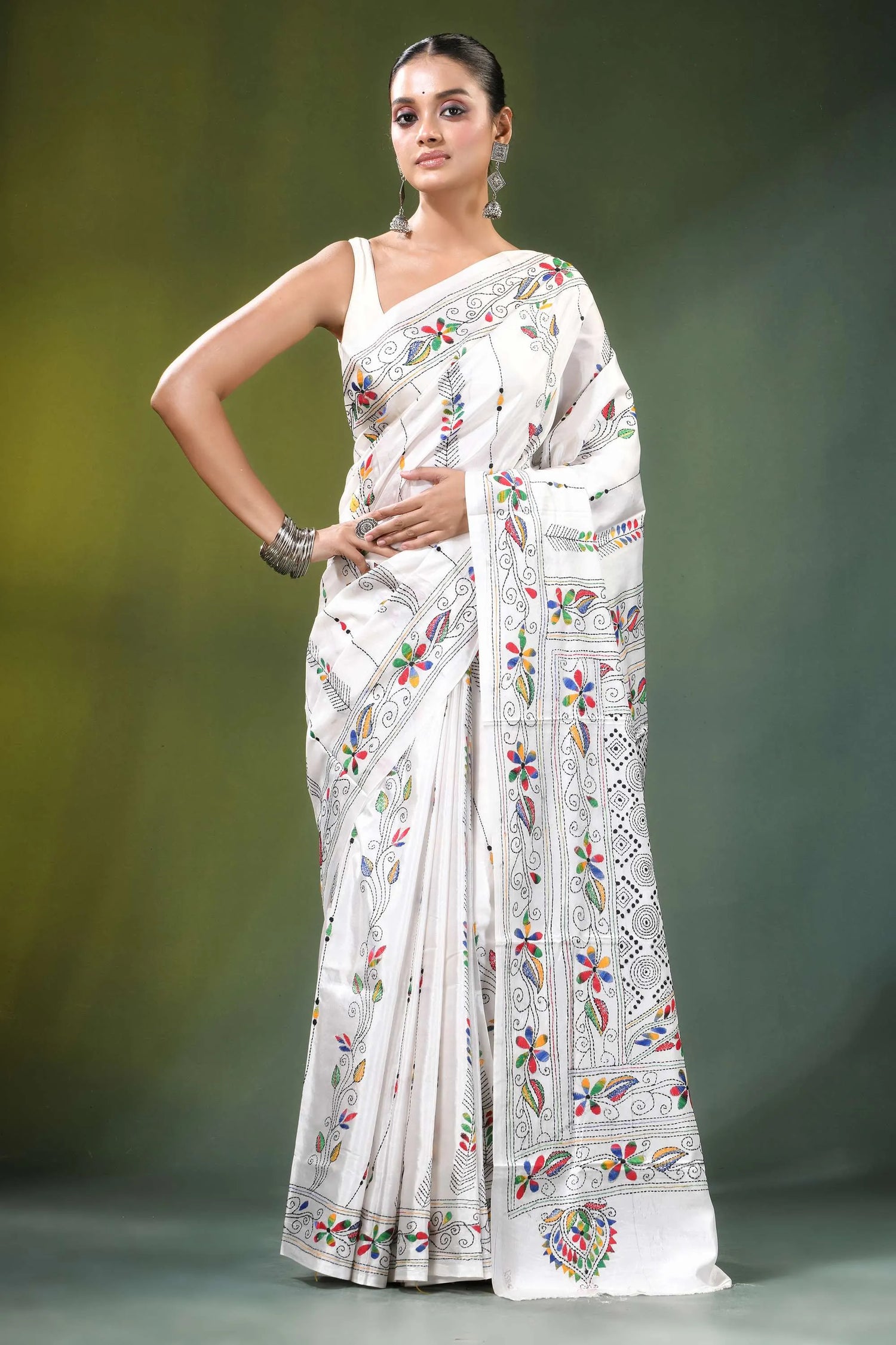 White floral design kantha embroidery silk saree adorned intricate 6