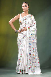 White floral design kantha embroidery silk saree adorned intricate 6