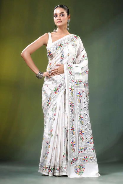 White floral design kantha embroidery silk saree adorned intricate 6