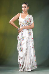 White floral design kantha embroidery silk saree intricate colorful 5