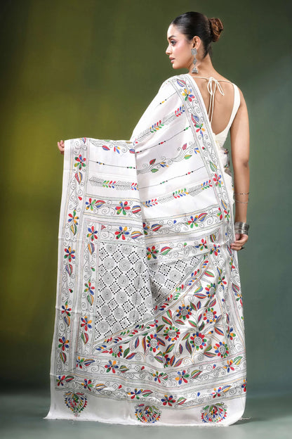 White floral design kantha embroidery silk saree adorned vibrant hand-painted 4