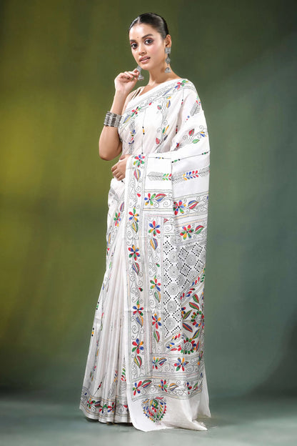 White floral design kantha embroidery silk saree adorned intricate colorful 3