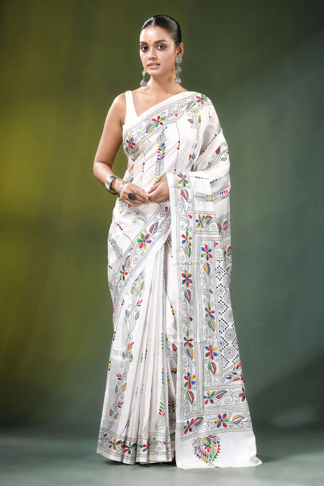 White floral design kantha embroidery silk saree embroidered colorful 1