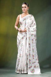 White floral design kantha embroidery silk saree embroidered colorful 1