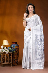 White floral leaf motif hand embroidered kantha silk saree white sari intricate gray floral 7