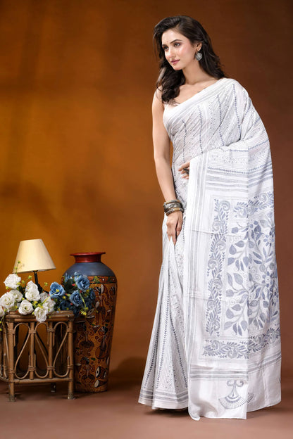 White floral leaf motif hand embroidered kantha silk saree woman wears white saree intricate 3
