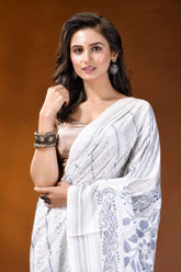 White floral leaf motif hand embroidered kantha silk saree white saree intricate gray silver 2