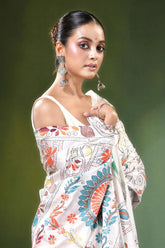 White floral mandala motif handmade silk kantha stitch saree woman wears off-shoulder 2