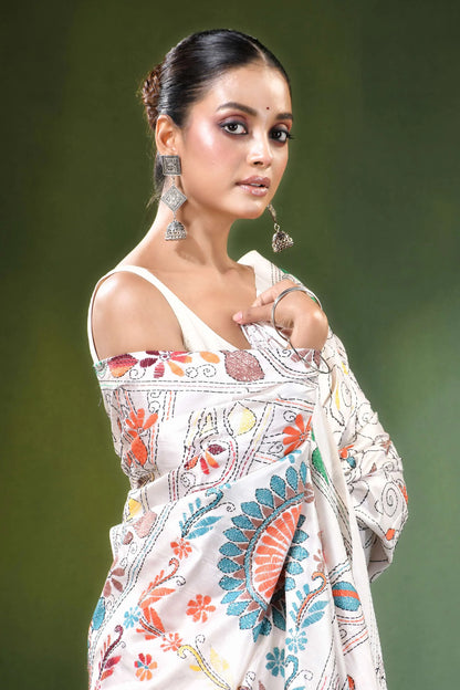 White floral mandala motif handmade silk kantha stitch saree woman wears off-shoulder 2