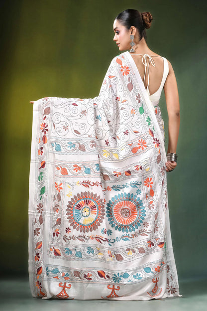 White floral mandala motif handmade silk kantha stitch saree banarasi intricate colorful 5