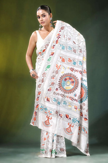White floral mandala motif handmade silk kantha stitch saree adorned intricate colorful 4