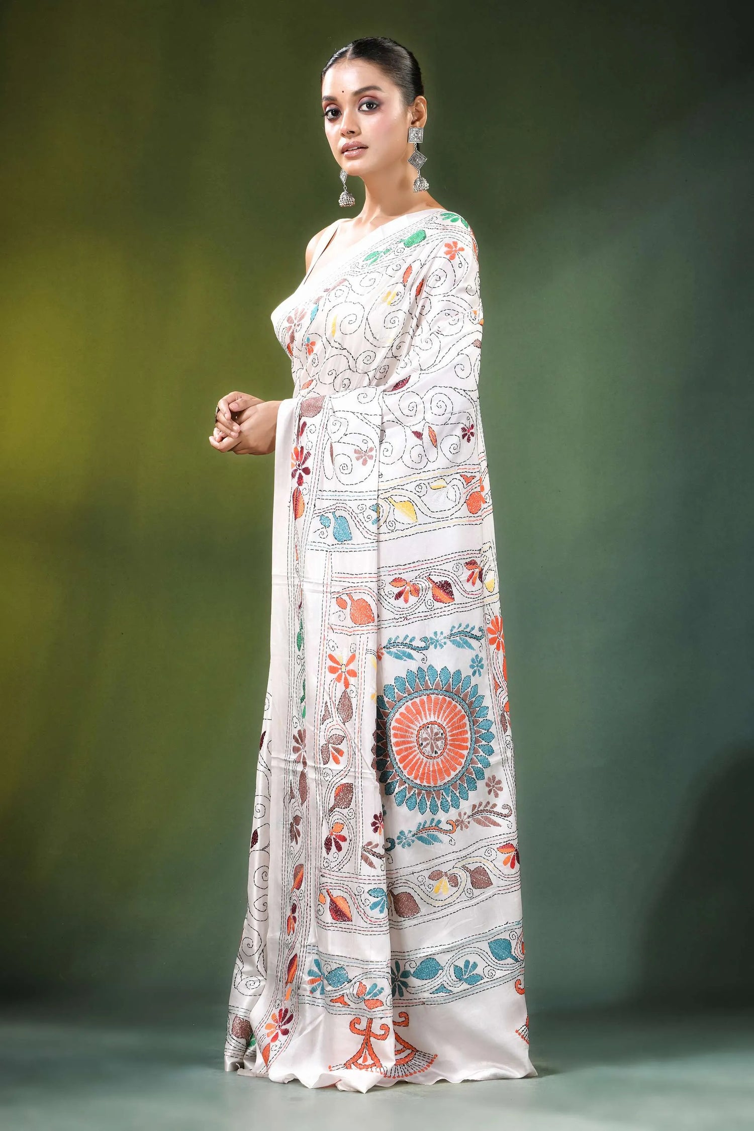 White floral mandala motif handmade silk kantha stitch saree adorned intricate colorful 3
