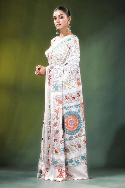 White floral mandala motif handmade silk kantha stitch saree adorned intricate colorful 3