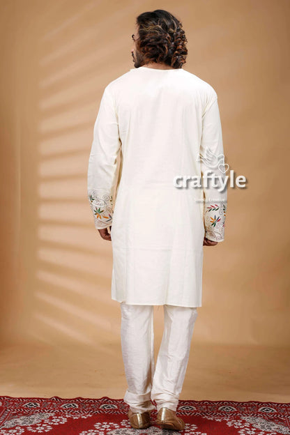 White floral motif kantha work cotton embroidered kurta intricate 4
