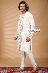 White floral motif kantha work cotton embroidered kurta colorful 3