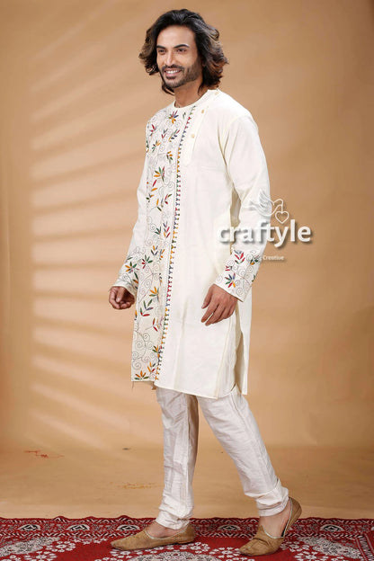 White floral motif kantha work cotton embroidered kurta colorful 3