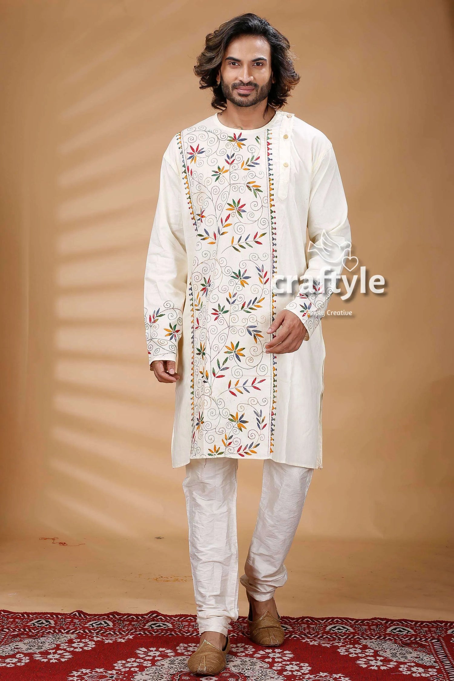 White floral motif kantha work cotton embroidered kurta cream-colored intricate 1