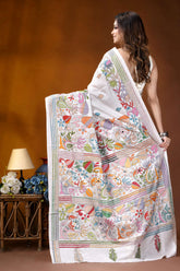 White folk floral design handcrafted silk kantha stitch saree white banarasi saree adorned intricate 5