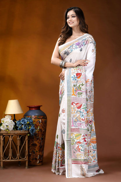 White folk floral design handcrafted silk kantha stitch saree woman wears white silk saree 3