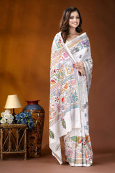 White folk floral design handcrafted silk kantha stitch saree white saree intricate colorful hand-painted 6