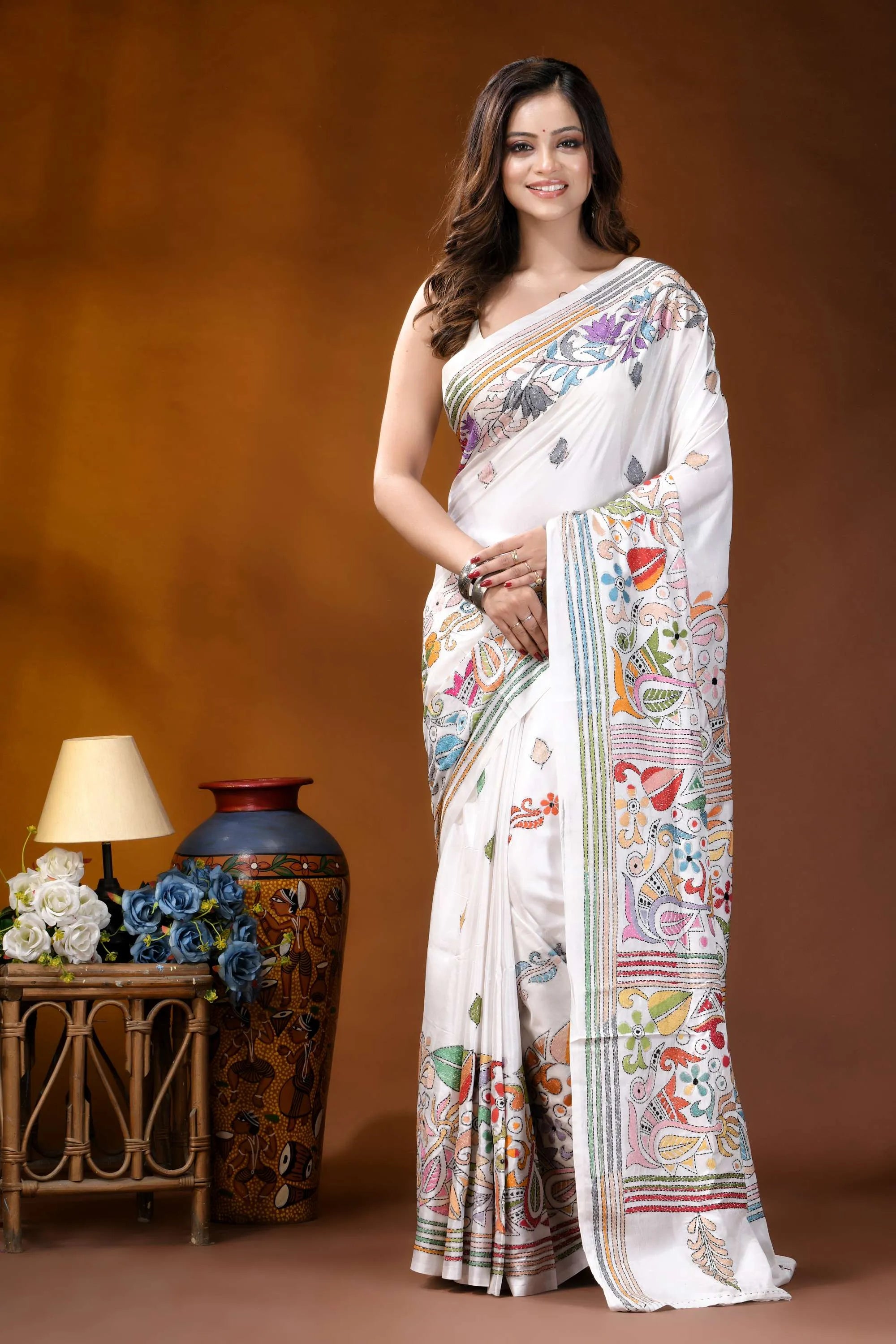 White folk floral design handcrafted silk kantha stitch saree white silk saree adorned intricate 1