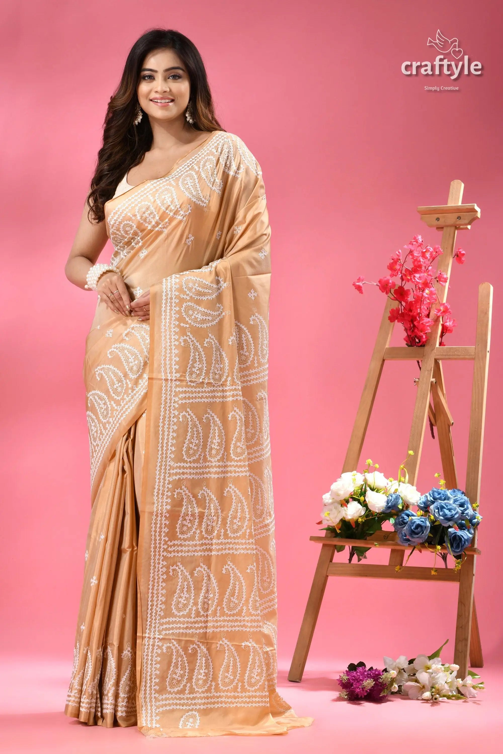 White gujrati embroidery work soft amber silk saree light brown saree white embroidered 1
