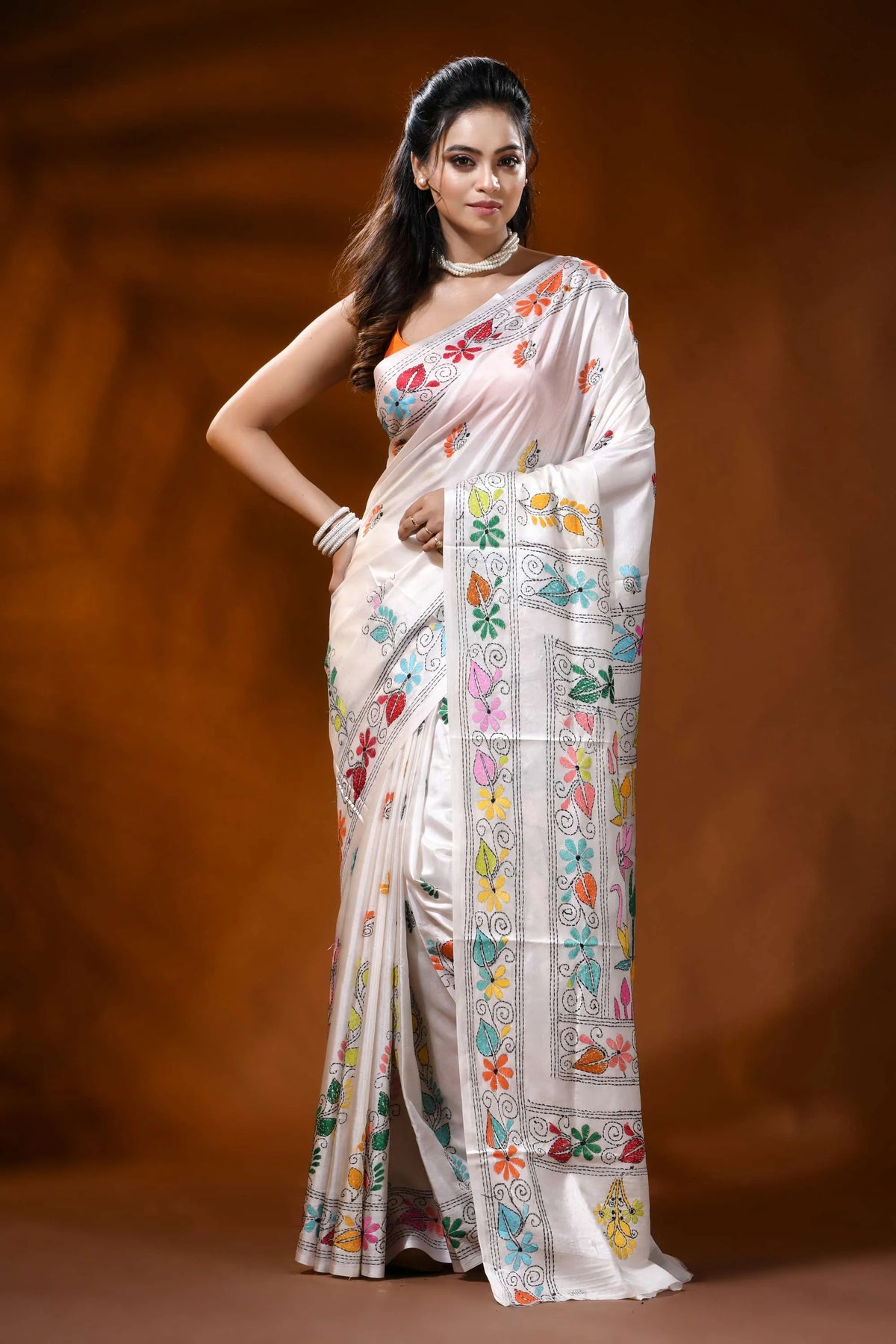 White handcrafted silk kantha saree with lotus floral nature motif 1
