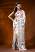 White handcrafted silk kantha saree with lotus floral nature motif 1