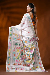 White handcrafted silk kantha saree with lotus floral nature motif 4
