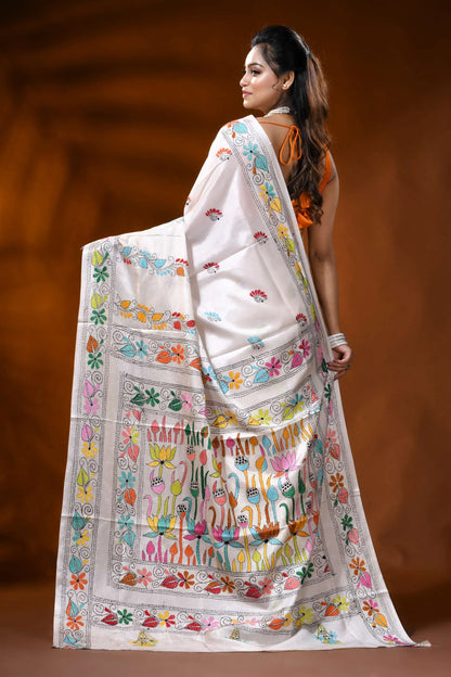White handcrafted silk kantha saree with lotus floral nature motif 4