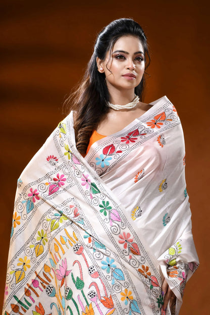 White handcrafted silk kantha saree with lotus floral nature motif 2