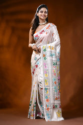 White handcrafted silk kantha saree with lotus floral nature motif 6