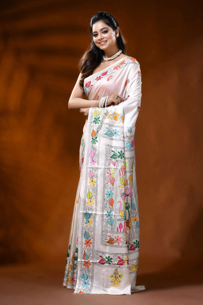 White handcrafted silk kantha saree with lotus floral nature motif 3