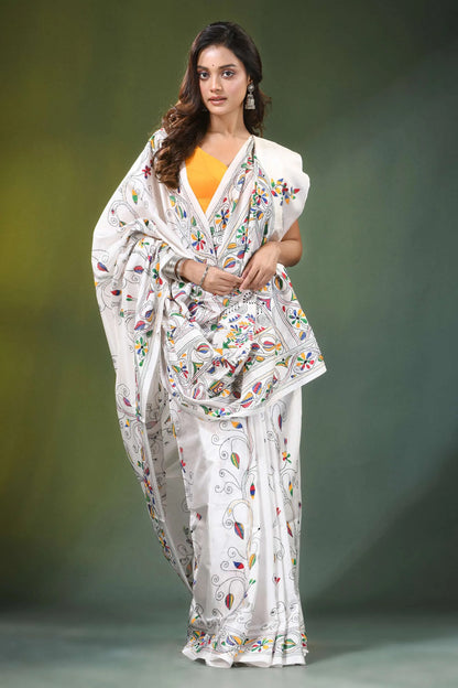 White handmade folk art motif silk kantha stitch saree intricate colorful floral 4