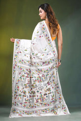 White handmade folk art motif silk kantha stitch saree adorned intricate 5