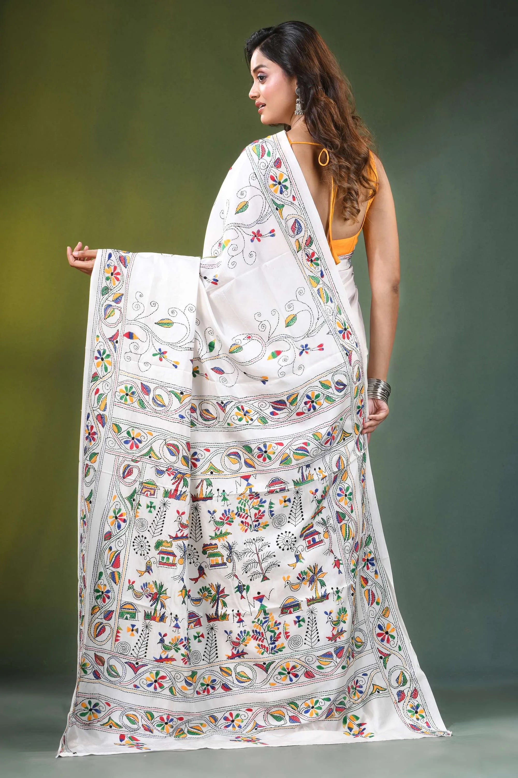 White handmade folk art motif silk kantha stitch saree adorned intricate 5