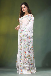 White handmade folk art motif silk kantha stitch saree adorned vibrant intricate 3